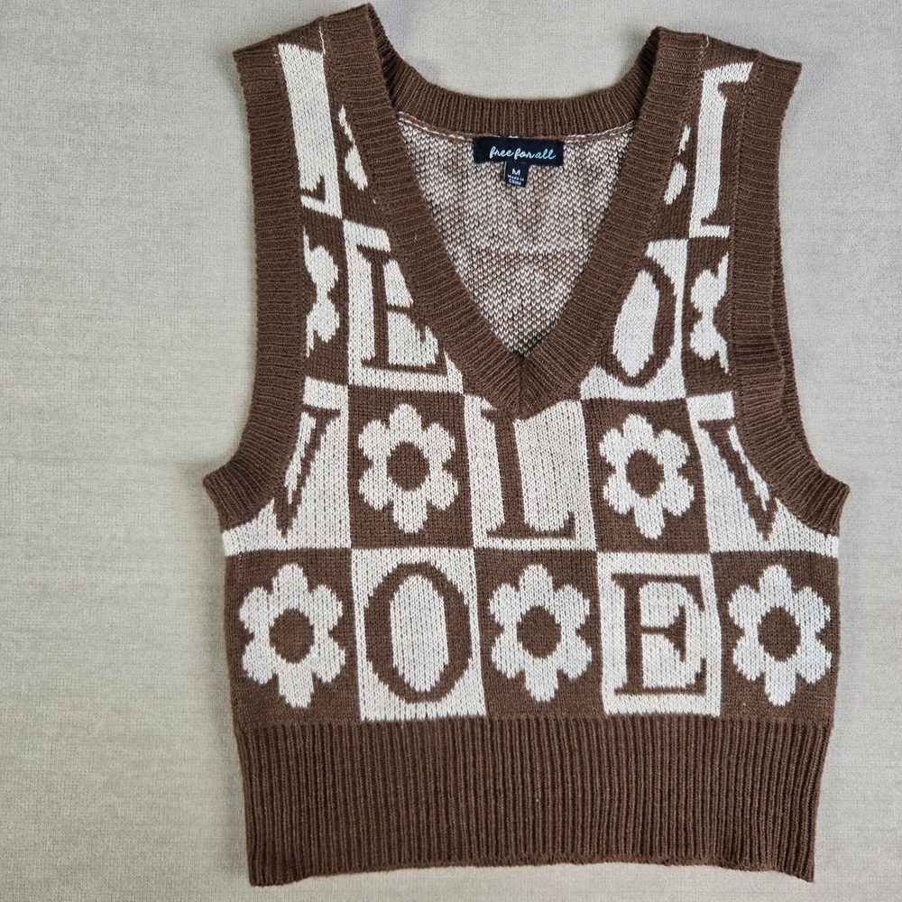 Free For All Brown Checkered Love Flower Knit Vest‎ Sweater Women's Medium
